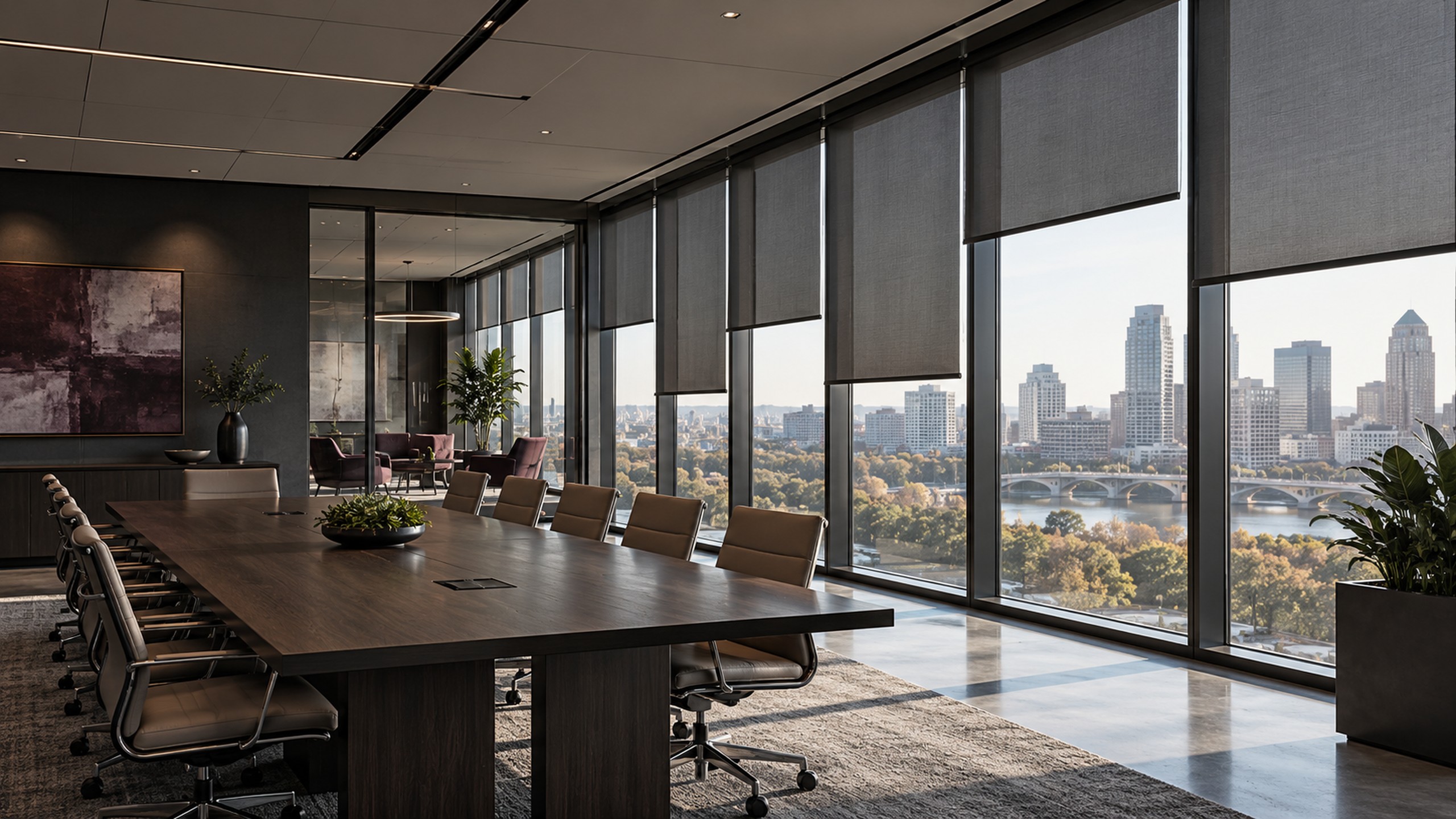 Commercial office window wall with aligned roller shades