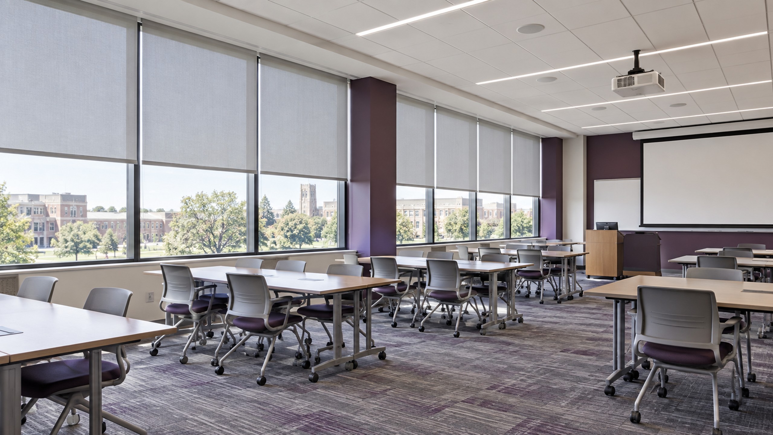 University classroom with commercial roller shades controlling daylight and glare
