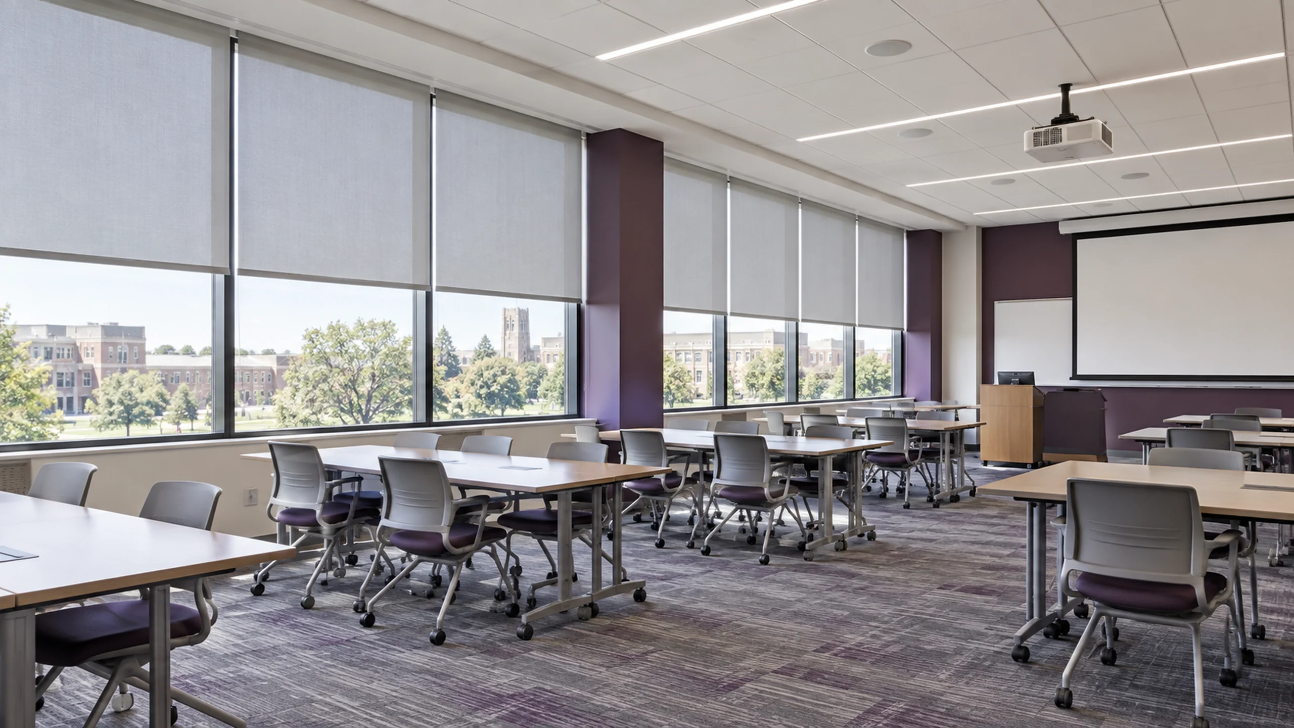 Education space with commercial roller shades