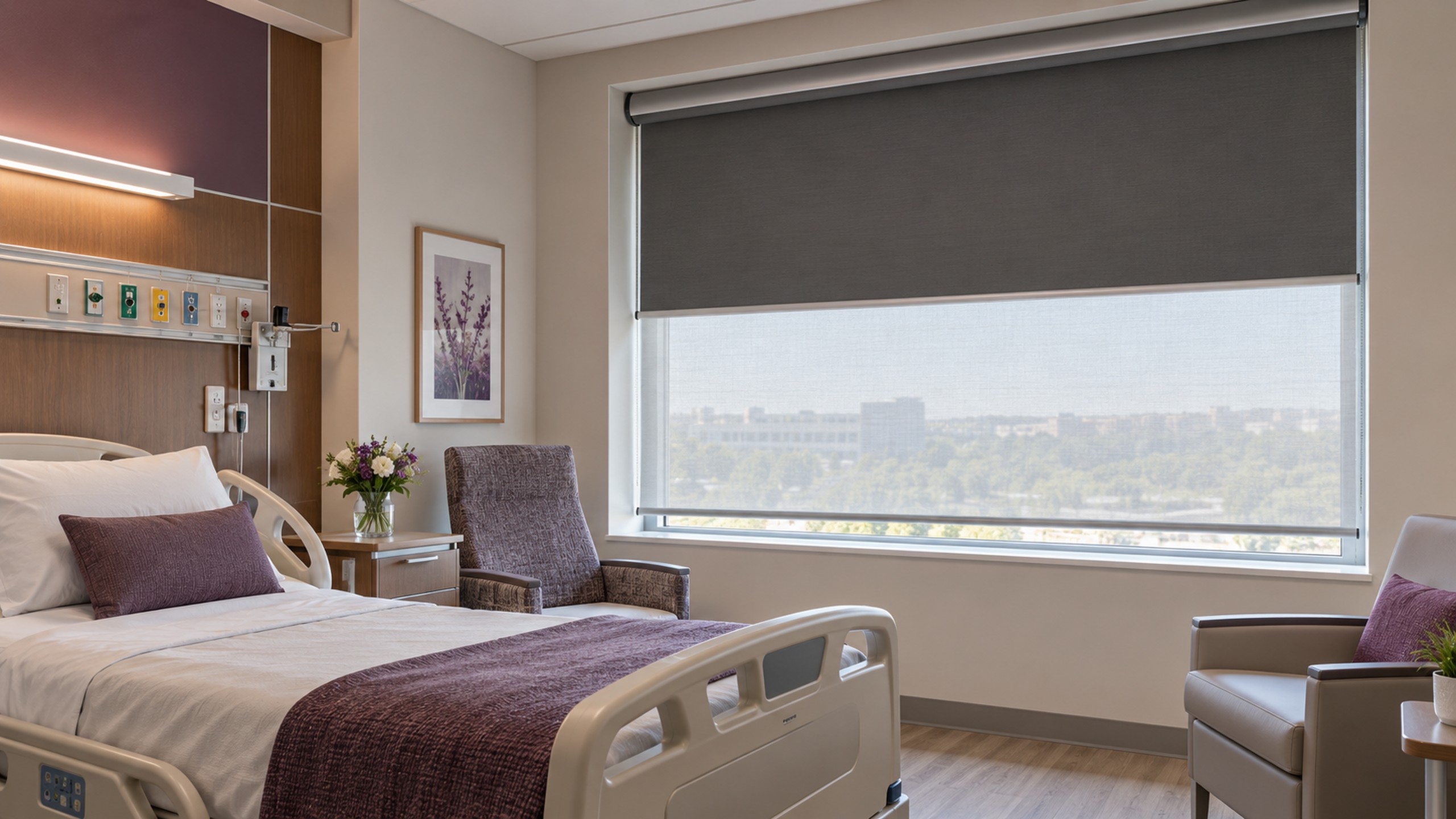 Healthcare patient room with upper blackout shade half lowered and lower privacy shade nearly lowered