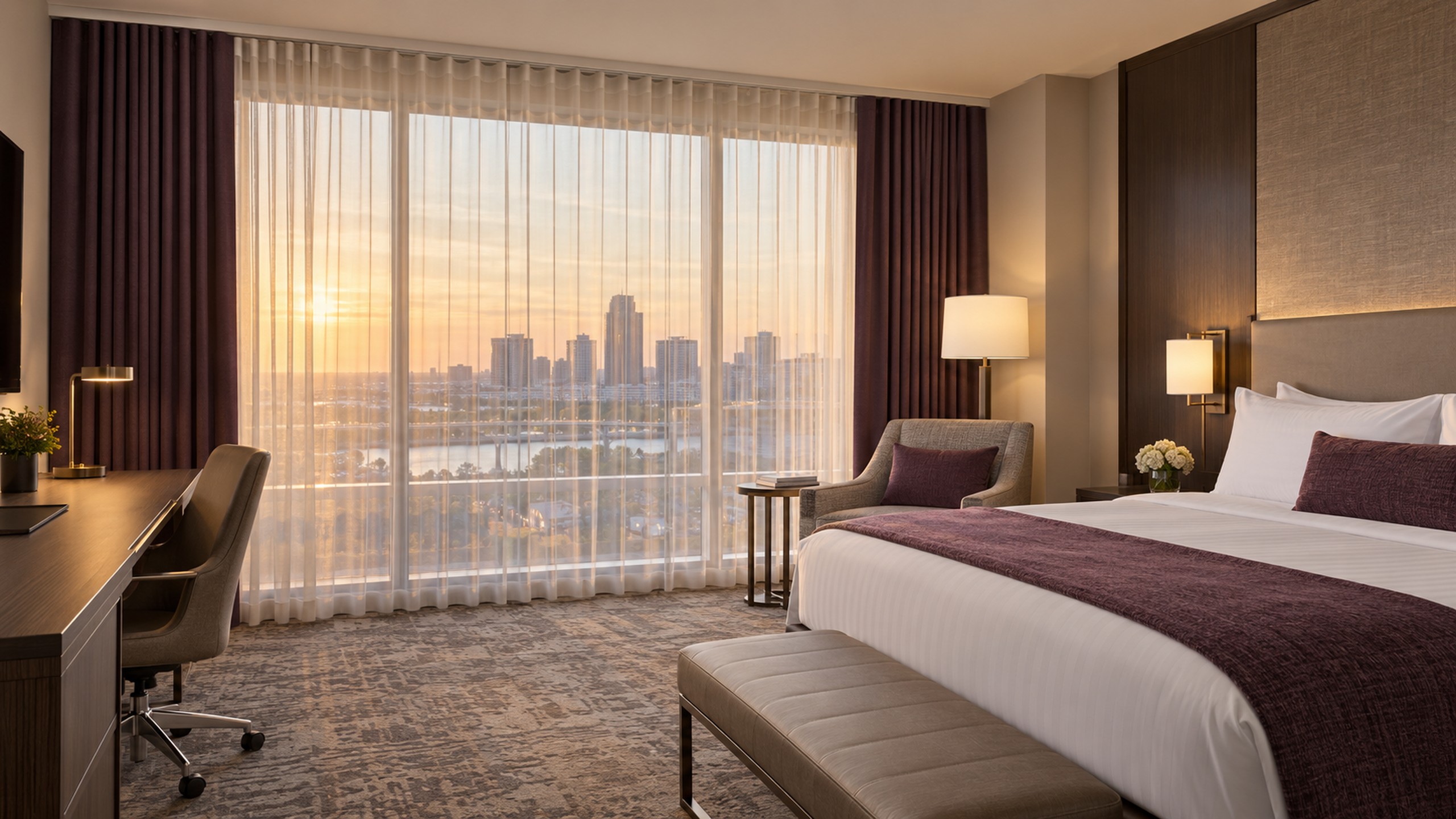 Hotel guest room with ceiling-mounted sheer and blackout drapery