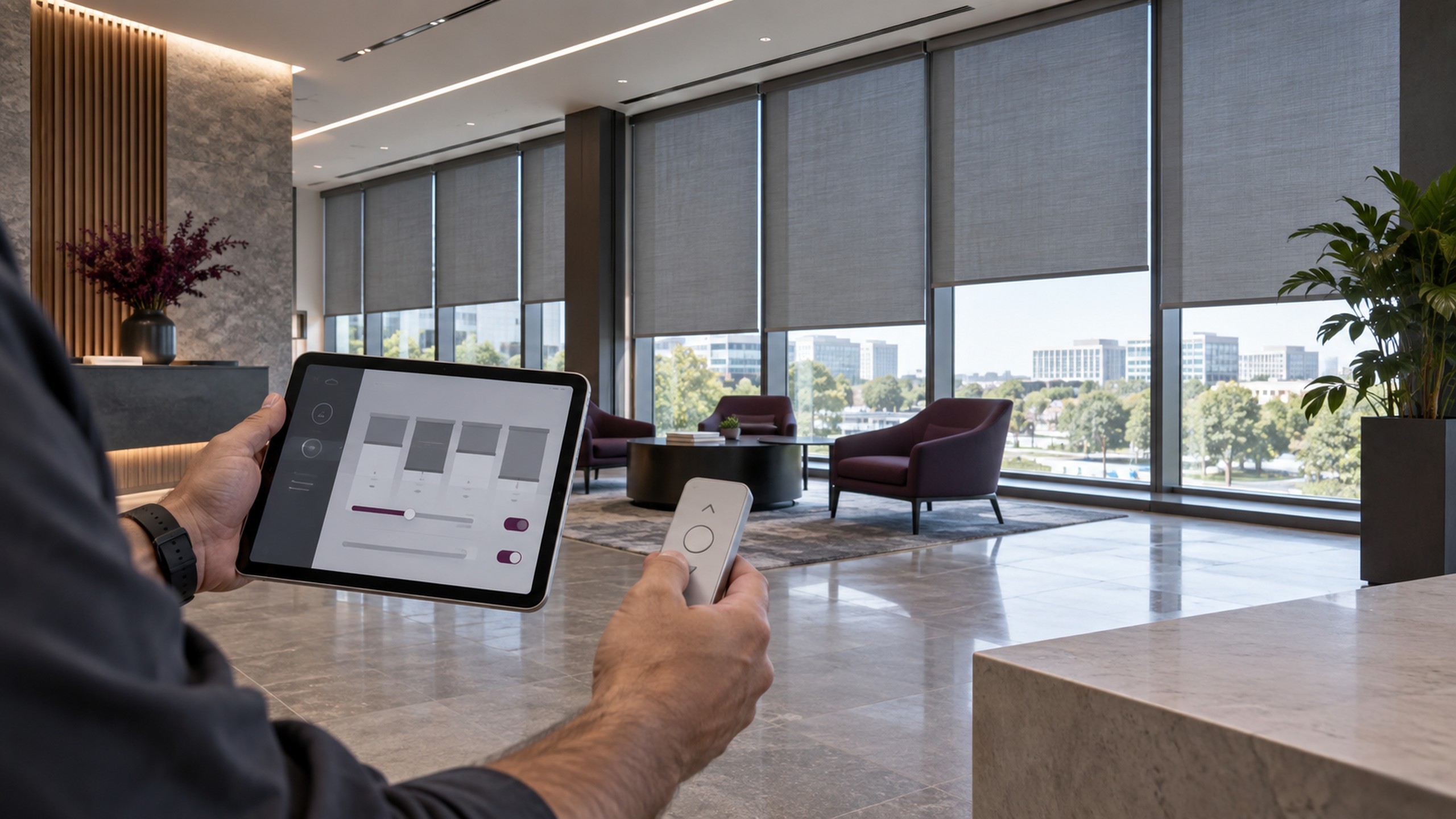 Commercial motorized roller shade commissioning with tablet and remote